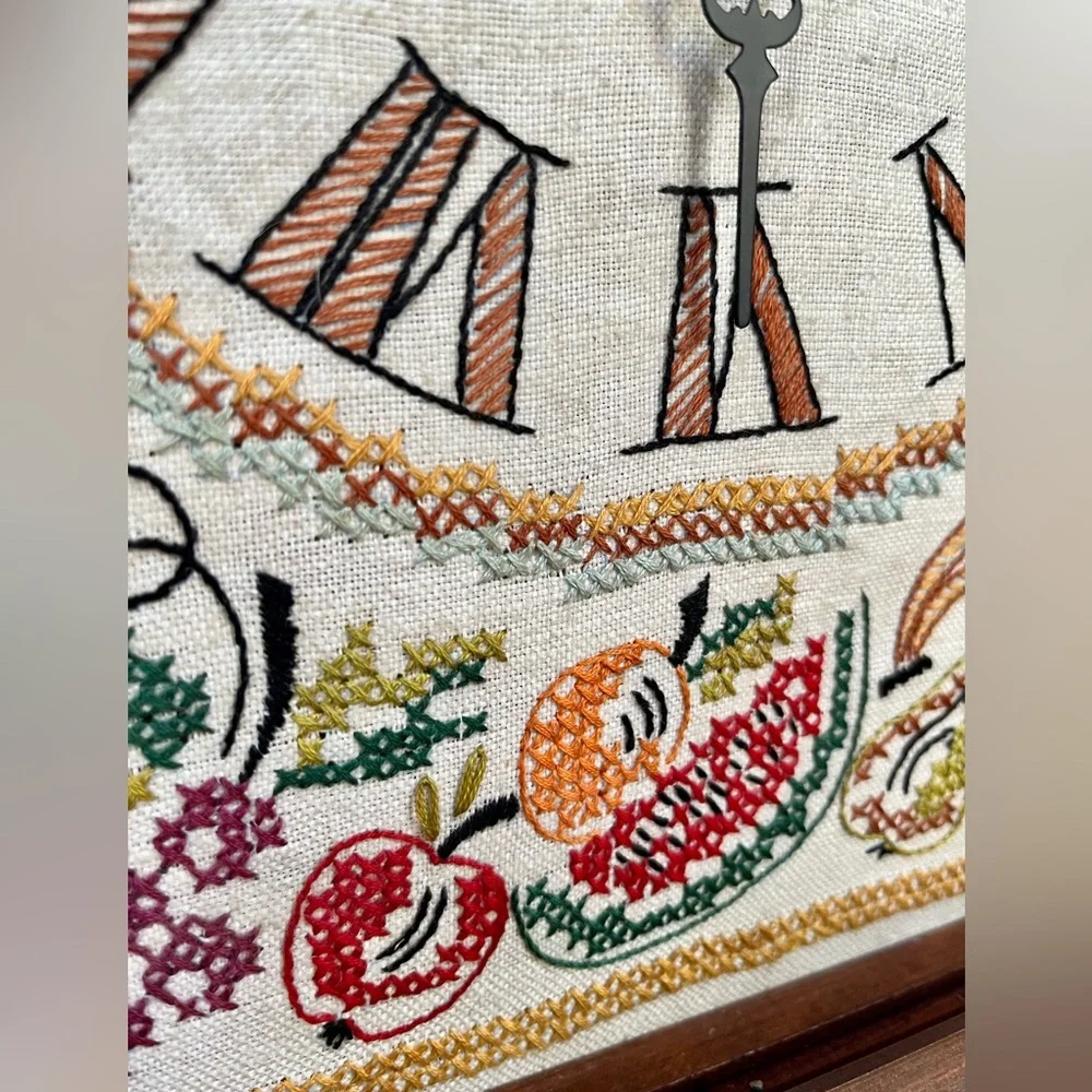VTG Clock Embroidery Cross Stitch Fruit Electric Wood Cottage Farmhouse